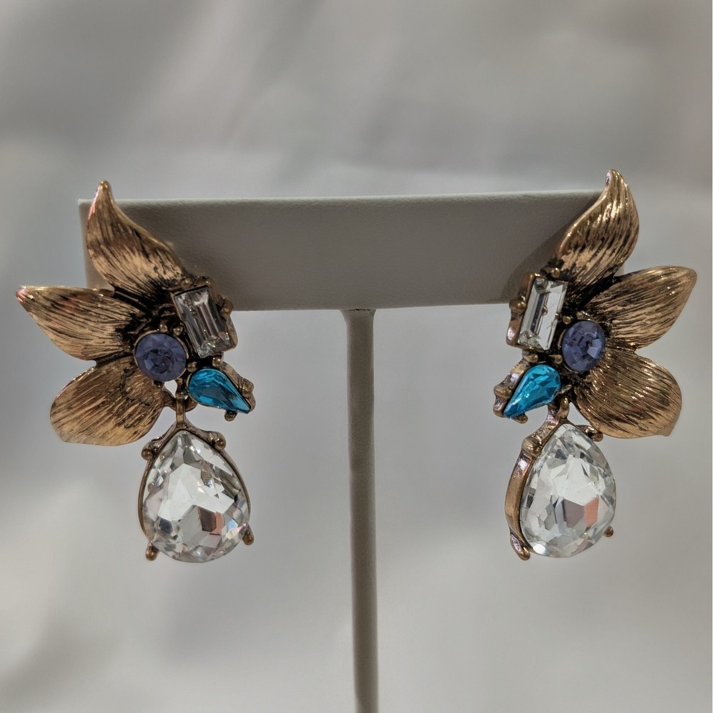 Vintage Unsigned Betsey Johnson Fleur Floral Faux Rhinestone Dangle Earrings